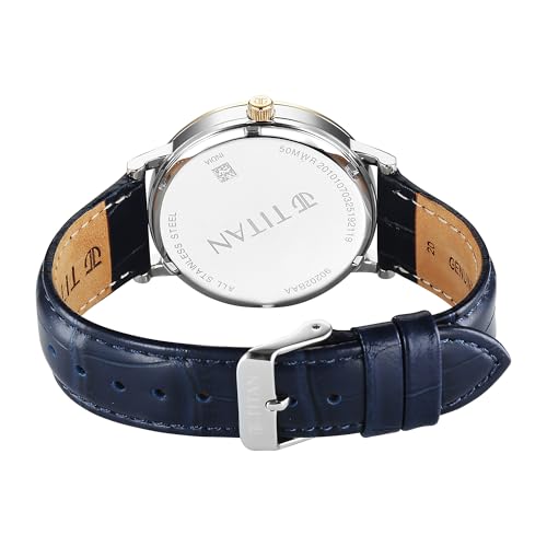 Image of Titan Elegance Analog with Date by Hand and Blue Dial Blue Leather Strap Watch for Men - 90202BL01