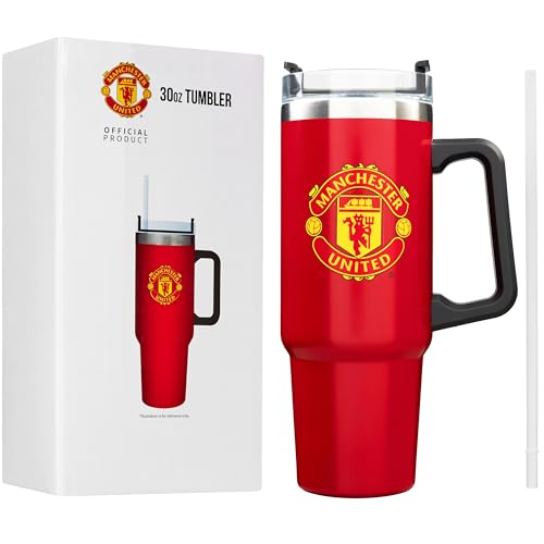 Get Trend Manchester United Insulated Tumbler 850ml Stainless Steel Water Bottle with Straw & Handle Cold for 12H Hot for 8H Travel Coffee Mug Football Gifts (Red Man U)