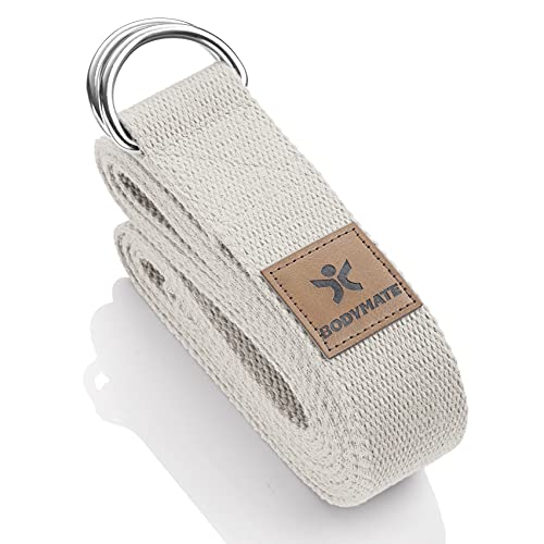 BODYMATE Yogagurt mit Verschluss aus Metall, Yoga-Band für Anfänger und Fortgeschrittene, Yoga-Schlaufe aus 100% Baumwolle, Yoga-Strap 250cm lang und 3,8 cm breit, Nature