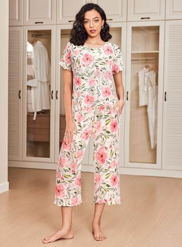 Image of Ekouaer 2 Pack: Women's Pajamas Set Short Sleeve Sleepwear Capri Pants Pjs Soft Loungewear with Pockets