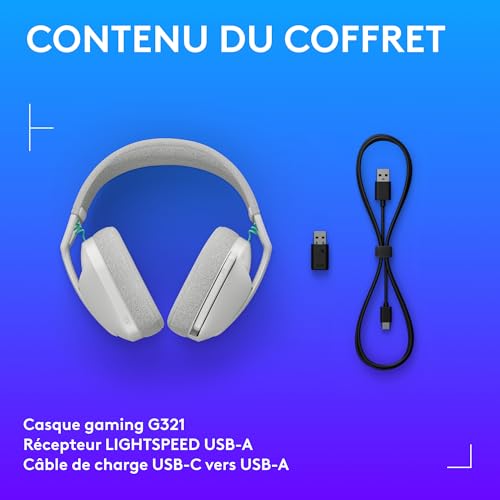 Logitech G G321 Lightspeed, Casque Gaming Bluetooth sans Fil, Confort et Ajustement dynamiques, Micro à Tige 16 kHz, + de 20 h d’autonomie, PC, PS4, PS5, Nintendo Switch, Mobile - Blanc