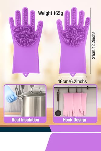 Image of Silicone Cleaning Gloves - Reusable Dishwashing Scrubber Gloves with Bristles - Waterproof, Non-Slip, Durable Kitchen Gloves for Washing Dishes, Car, Bathroom Cleaning (Violet, 1 Pair)