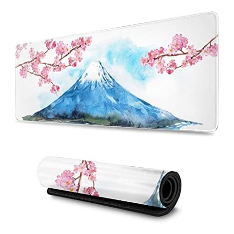 Japanese Mountain Cherry Blossoms Painting Gaming Mouse Pad XL, Extended Large Mouse Mat Desk Pad, Stitched Edges Mousepad, Long Mouse Pad, 31.5 X 11.8 Inch Cover