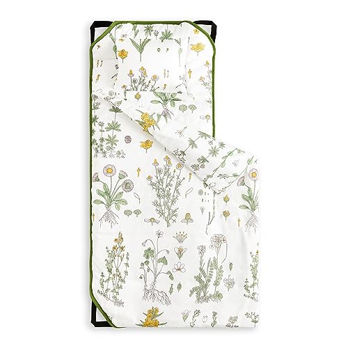 Wake In Cloud - Cot Nap Mat with Pillow and Blanket, for Toddler Kids Boys Girls in Daycare Kindergarten Preschool Pre K with Elastic Corner Straps, Floral Botanical Flowers, White Green