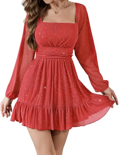 Bridesmay Womens Red Sparkly Long Sleeve Short Party Dresses for Date Night Flowy Mini Prom Dress Square Neck Red M