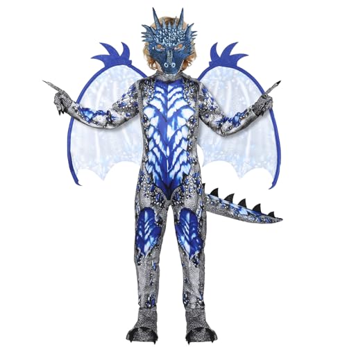 AYBUY Disfraz de dragón para niños, Disfraz Dragón Niño Azul con Guantes de dragón, alas y máscara de dragón, para Halloween y Carnaval, Cosplay, Niño y Niña, M