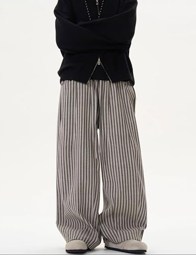 Men's Retro Wide Leg Pants Striped Loose Fit Elastic Waist Comfy Drawstring Casual Streetwear Lounge Trousers3