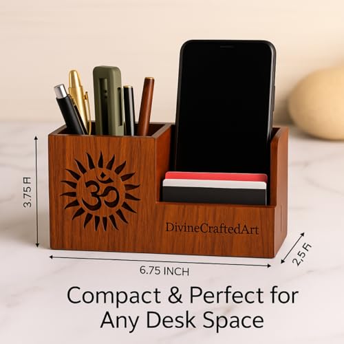 Image of Handcrafted Wooden Pen Holder & Mobile Stand | Desk Organizer for Office, Home & Study Table | Pen Pencil Stand with Card Holder (6.75x3.75x2.5 Inch) (OM Harmony)