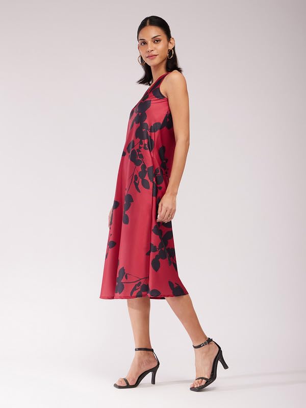 Image of FableStreet Women Party Dress | Elegant A-Line Fit Midi Length V-Neck Sleeveless | Lustrous Satin Fabric for Evening Gatherings & Celebrations