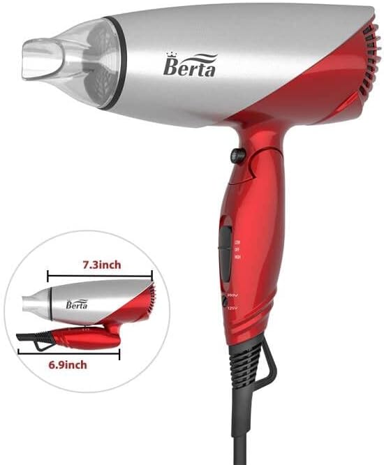 Berta 1875 Watts Folding Hair Dryer Negative Ionic Blow Dryer US Plug Dual Voltage