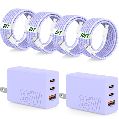 Image of 65W Fast Charging for iPhone Duo 18 17 16 Pro Max,3 Port 100W USB C Charger Block & 3 /6 /6 /10FT Braided Type C Cord for iPhone 17 16 15 Pro,for Samsung S26 Ultra /MacBook Air /iPhone 18 Pro Max-Purple