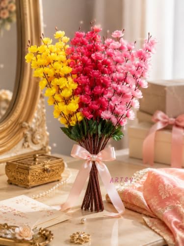 Image of ARTSY Artificial Flowers Bunch for Decoration Cherry Blossom, Ideal for vase, Home, Office Decor, Gifts, Craft, Artificial Plants for Decoration, Without vase, Assorted, Combo, 3 Piece, 55 cm Height
