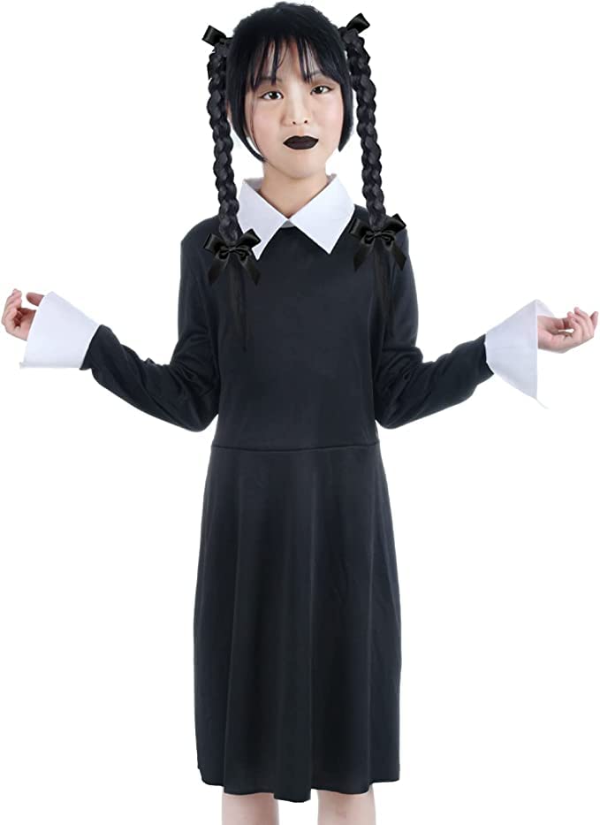 Gallety Wednesday Addams Dress Girls - Wednesday Addams Costume with Peter Pan Collar - Addams Family Costumes for Child 10-12Years