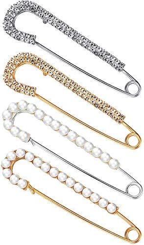 Women Brooch Pins Sweater Shawl Clips Faux Crystal Pearl Brooches Safety Pins Dress Shirt Clips for Women Gold Silver (4 Pieces)