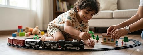 Image of VU Toys Big Rail Gadi Train Set for Kids (3+ Years) | Rechargeable Engine with Coal & Passenger Coach | Water Smoke, Hindi Music, Lights & Sound | C-Type Charging | 10 Round Tracks (Black)