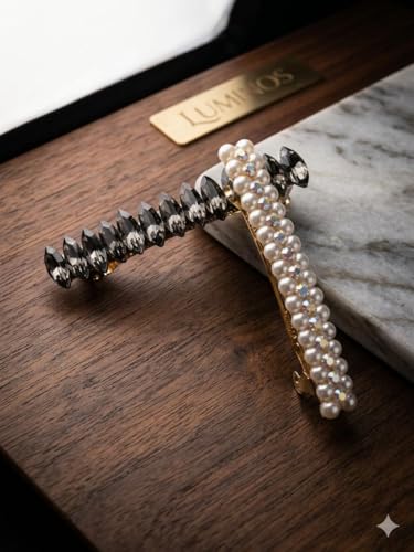 Image of Pearl & Crystal Hair Clips Set for Women, Elegant Rhinestone Barrettes, Stylish Hair Pins for Party, Wedding, Daily Wear - Pack of 2