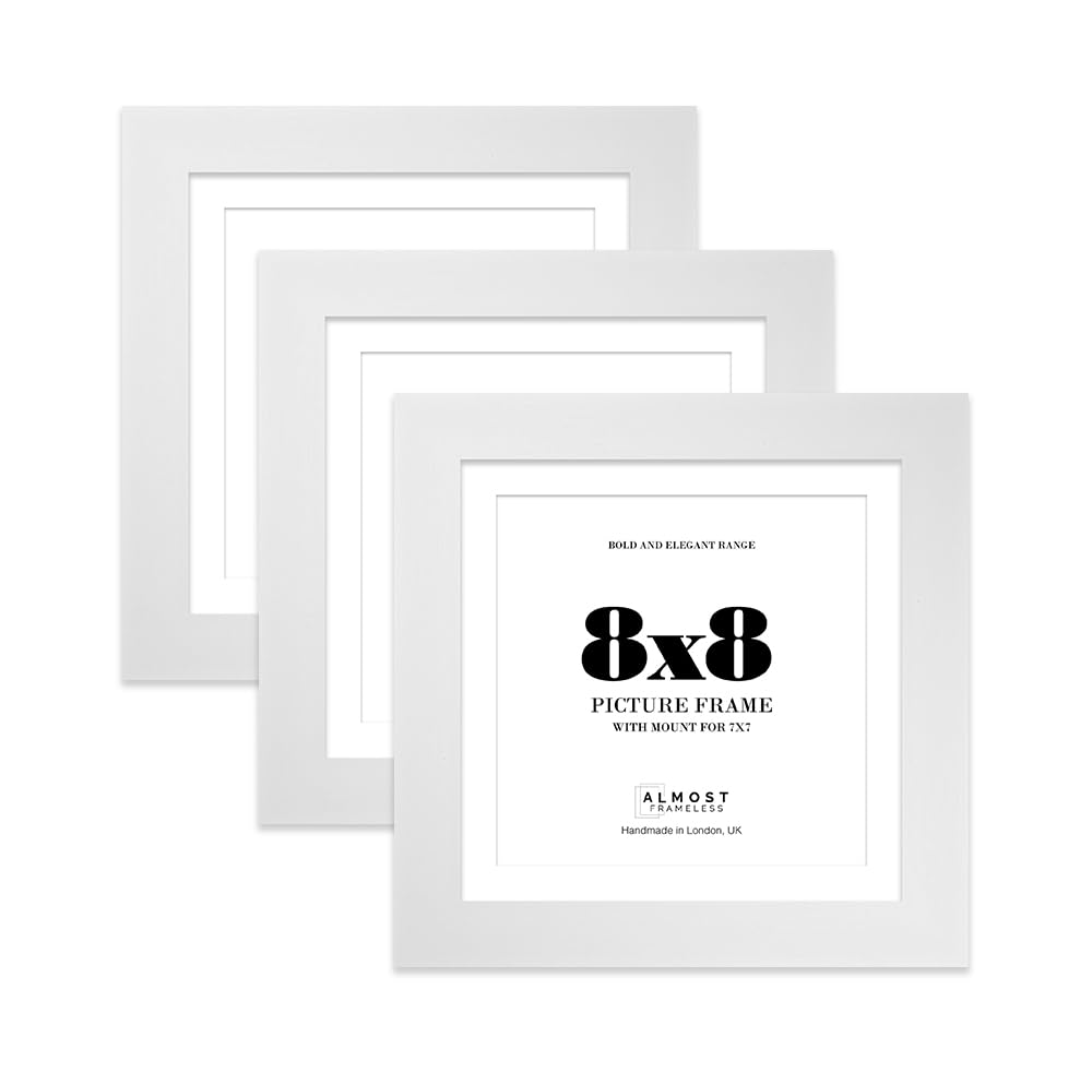 8x8" White Square Frame With Mount for 7x7" Pictures 28mm Edge Frame Display with Wall Hooks and Kickstand, 3 Pack