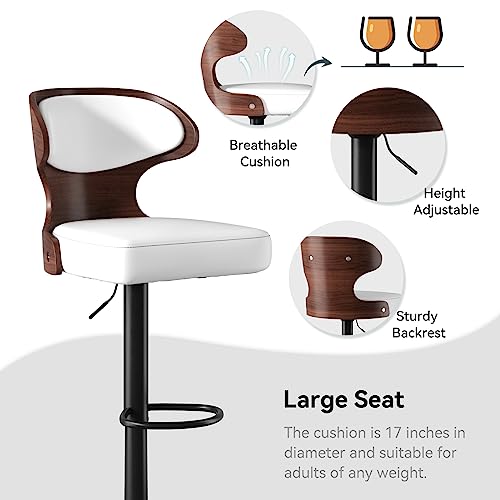 Nalupatio Bar Stools Set of 2 Seat Adjustable Height 24.5-33.5IN - Bentwood Swivel Barstools with Back & Footrest - PU Leather Upholstered Bar Chair for Bar, Kitchen, Dining Room