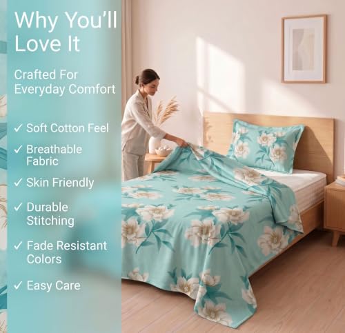 Image of BSB HOME 210 TC Cotton Feel Single Bedsheet with 1 Pillow Cover, Soft & Breathable Floral Printed Bed Sheet, Fade Resistant, Bedding for Home & Bedroom, 60 x 90 Inches (152 x 229 cm) (Seafoam Green)