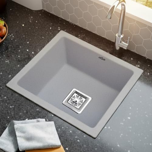 Image of ARQUIN ARQUIN Quartz Kitchen Sink 18x16x9 Inch Grey | Single Bowl Sink | Durable & Scratch-Resistant | Undermount /Topmount Including Coupling, Waste Pipe & Fruit Washing Basket