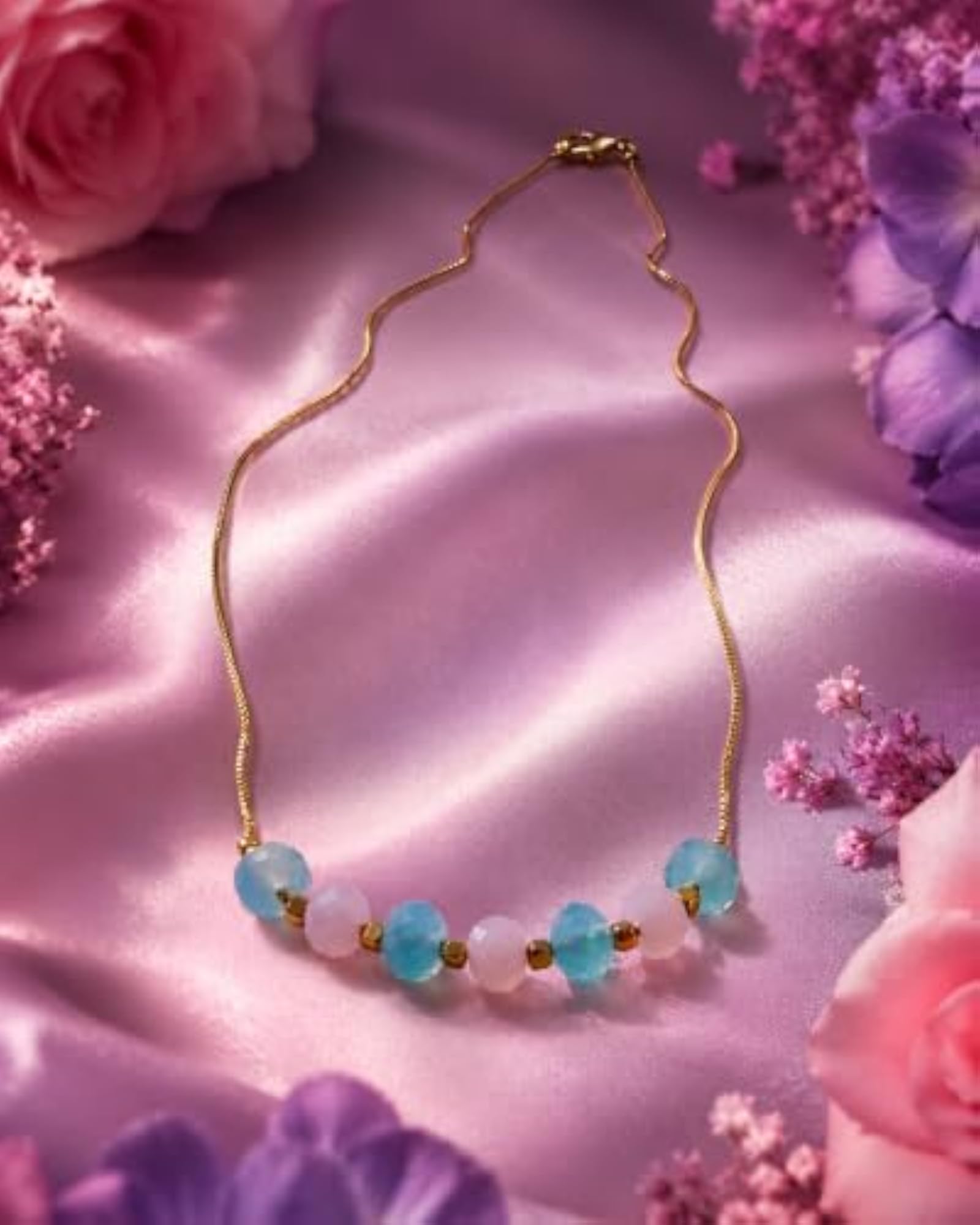 Premium Gold Tone Blue Pink Crystal Bead Necklace, Dainty Fashion