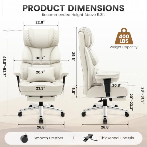 Image of BestGlory Office Desk Chair, Big and Tall Leather Gaming Chair with Footrest, Ergonomic Comfy Executive High-Back Reclining Computer Chairs, Wide Swivel Rolling Wheels and Padded Lumbar Support, White