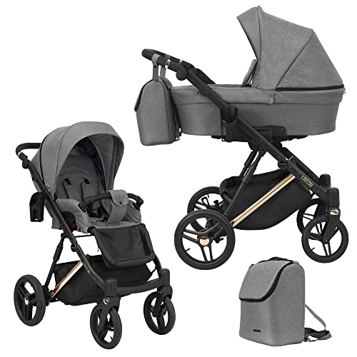 Kunert cochecito de bebé LAZZIO PREMIUM silla de paseo silla de coche asiento de bebé juego completo 2 en 1 y 3 en1 (2en1, gris – marco de cobre)