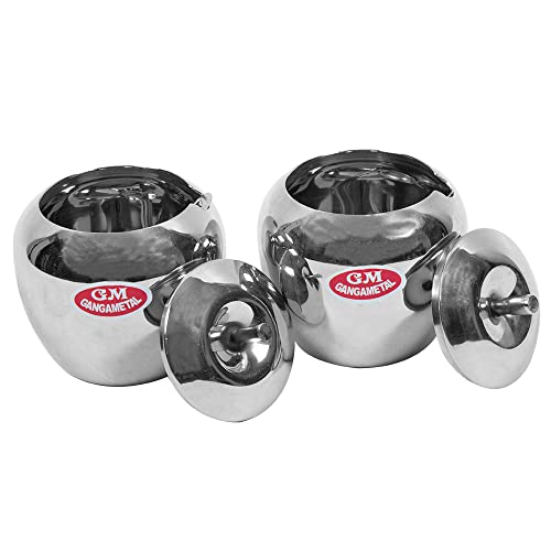 Image of Ghee Container With Spoon Oil Dispenser | Ghee Pot Steel, Ghie Dispenser | Salt Container With Spoon | Steel Oil Pot 300ml Silver Pack of 2 (Pack Of 2, Matka Shap)