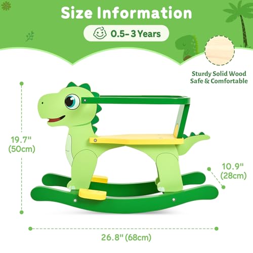 Image of FUNLIO Wooden Dinosaur Baby Rocking Horse Ages 0.5-3, Cute Baby Rocking Horse with Removable Fence & Backrest, Easy to Assemble Toddler Wooden Rocking Horse, CPC & CE Certified - Green