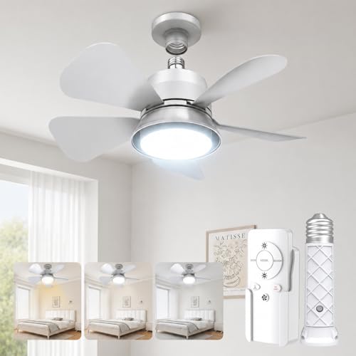 MOTCTQVD Socket Fan Light with Remote Small Ceiling Fan with Light 3 Colors 5 Dimmable Levels 1000LM LED Fits Standard E26/E27 Sockets for Bedroom Kitchen Garage Living Room