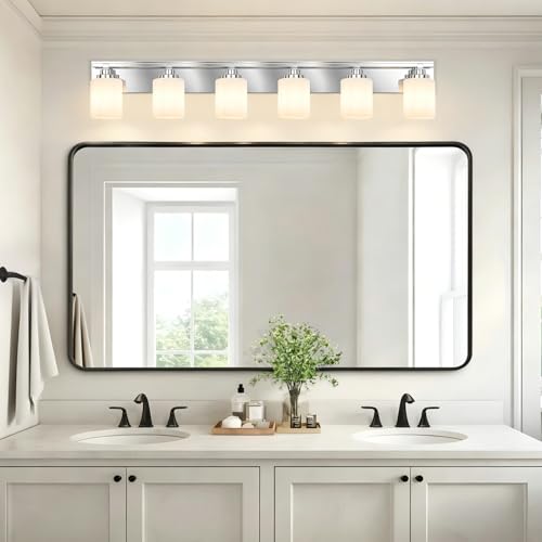 Image of Modern Bathroom Lighting Fixtures Over Mirror, Vanity Lights for Bathroom, Wall Sconces with Milky White Glass Shades, E26 Ceramic Socket, 6-Light 43-inch Chrome