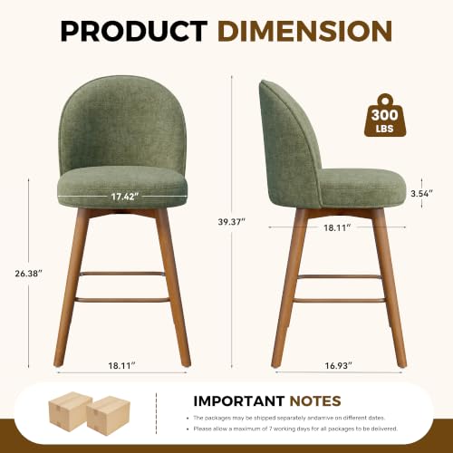 Image of Modern Swivel Bar Stools Set of 4, Chic Upholstered Counter Height(26IN) Bar Chair with Back, Solid Wood Legs and Footrest, Comfortable Chenille Bar Stool for Kitchen Island, Soft Green
