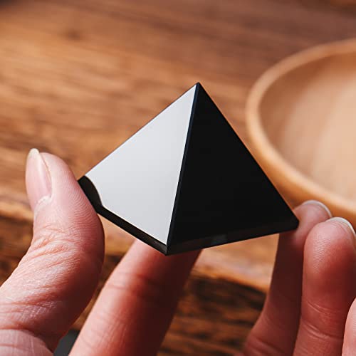 Image of Runyangshi 2pc Clear Quartz + Obsidian Pyramid | 1.6x1.6in (4x4cm) Natural Crystal Energy Generator for Protection & Positive Energy | Healing Crystal Pyramid for Chakra Reiki Home Decor