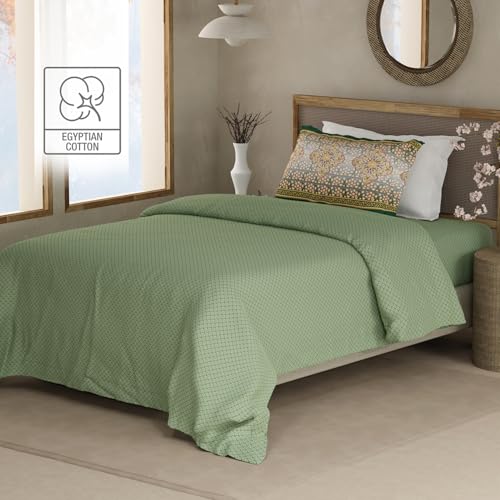 Image of BOUTIQUE LIVING Heritage Walk 100% Egyptian Cotton 200 TC Green Ethnic Print Single Bedsheet with 1 Pillow Cover