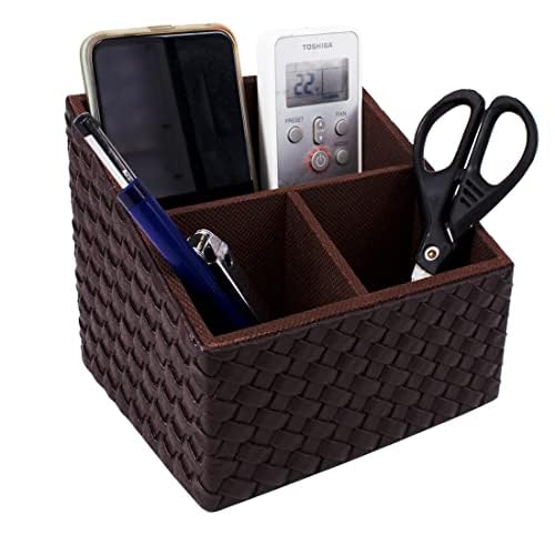 Image of Premsons Remote Holder - 3-Compartment Braided Vegan Leather Organizer | Leatherette Stationery & Remote Stand for Living Room, Office, Bedroom, Kitchen - Brown