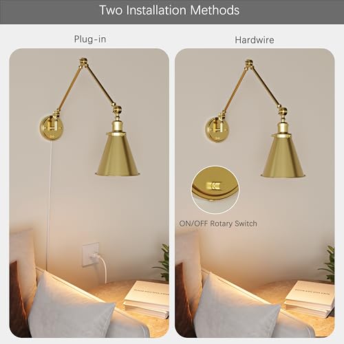 Image of Plug in Wall Sconces Set of Two, Gold Swing Arm Wall Lamp with 6.6FT Plug-in Cord and Knob Switch, Metal Hardwired Wall Lights for Bedroom, Reading, Study Room, Office, Living Room (2 Pack)