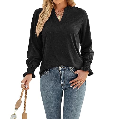 T-Shirt à Manches Longues col en V style tunique henley décontractée pour femme en coton léger