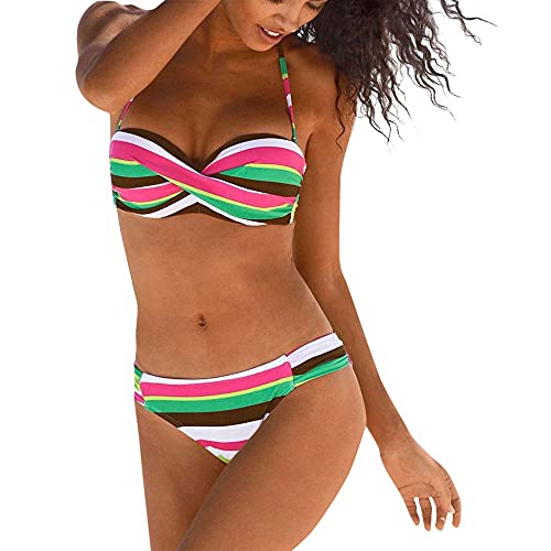 LVLUOKJ Halterneck Strapless Striped Bandeau Twist Bikini Sets with Bottom Two Piece Swimsuits (Color : Coloe 2, Size : M)