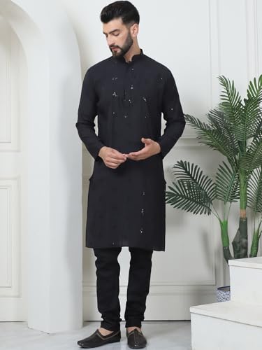 Image of SOJANYA (Since 1958 Men's Cotton Silk Sequinned Neck Embroidered Kurta with Black Pyjama