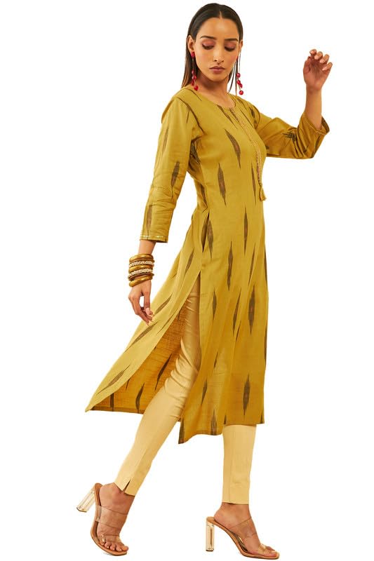 Image of Soch Womens Cotton Ikat Printed Straight Kurta with Sequins