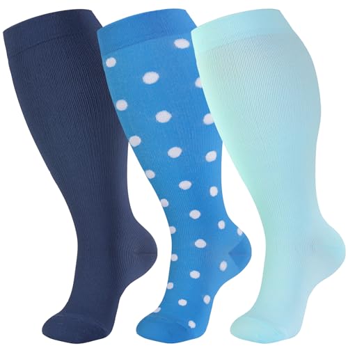Image of bropite 3 /4 Pairs Plus Size Compression Socks Extra Wide Calf Women&Men 20-30mmHg Support Dancing Cycling Running Climbing