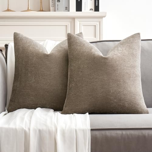 MIULEE Pack of 2 Light Brown Chenille Decorative Pillow Covers 18x18 Inch