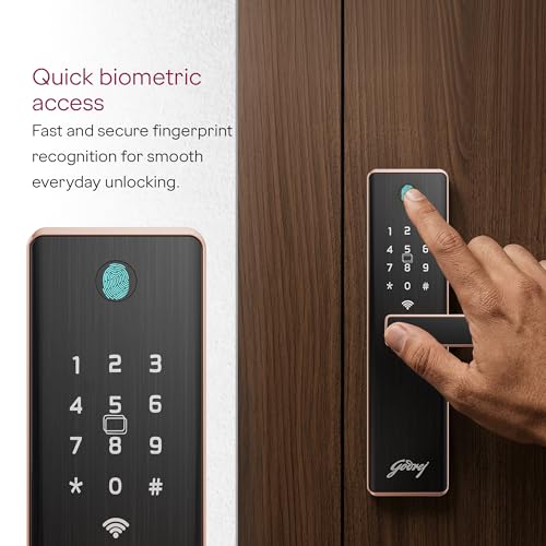 Image of Godrej Smart Lock | Neo Connect Digital Lock for Wooden Door| WiFi, Fingerprint, PIN, RFID Card, Mobile App, Mechanical Key| 5 in 1 Access | 3 Dead Bolts | Rose Gold | 3Yrs Warranty Free Installation*
