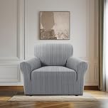 BellaHills High Stretch Armchair Covers Super Soft Chair Covers for Living Room Non Slip Sofa Cover with Elastic Bottom Couch Covers Washable Jacquard Fabric Stripe Design (1 Seater, Grey)