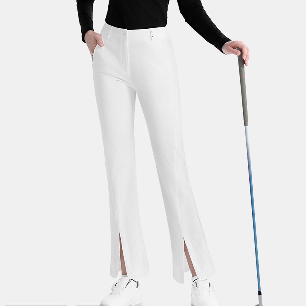 Damskie spodnie golfowe lekkie elastyczne z wysokim stanem rozszerzane nogawki z rozcięciami na nogawkach