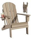Adiromoti Folding Adirondack Chairs, All-Weather Resistant HDPE Patio Firepit Chairs, Sturdy Outside Chairs with Cup Holder, Lawn Chairs, 80% Pre-Installed Load Capacity 385lb, Weathered Wood