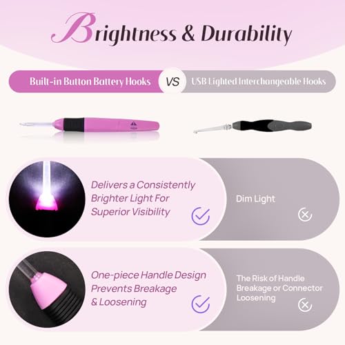 Image of Lewhoo Light Up Crochet Hook with Battery 2.5-6.5mm, 9 Size Led Crochet Hooks Set with Bag for Dark Yarn, 3 Packs Replacement Batteries Crochet Needle Set