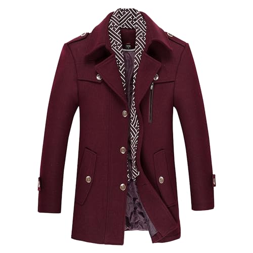 Men's Stylish Scarf Wool Walker Coat Casual Single Breasted Wool Blend Coats Chunky Warm Winter Trench (Red,Medium)