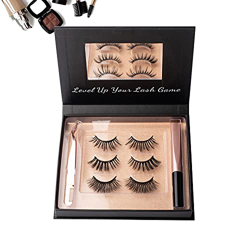 Magnetic Eyelashes with Eyeliner Kit - 3D Magnetic Eyelashes Kit with 3 Pairs Reusable False Eyelashes Natural Look, Tweezers and Eyeliner, More Suitable for Parties