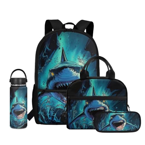 Coldinair Cool Shark Backpack for Boys Kids Backpack with Lunch Box and Cool Pencil Case Large Capacity Bookbag for Elementary Middle School Boys 17inch Lightweight Bookbag with Front Pocket